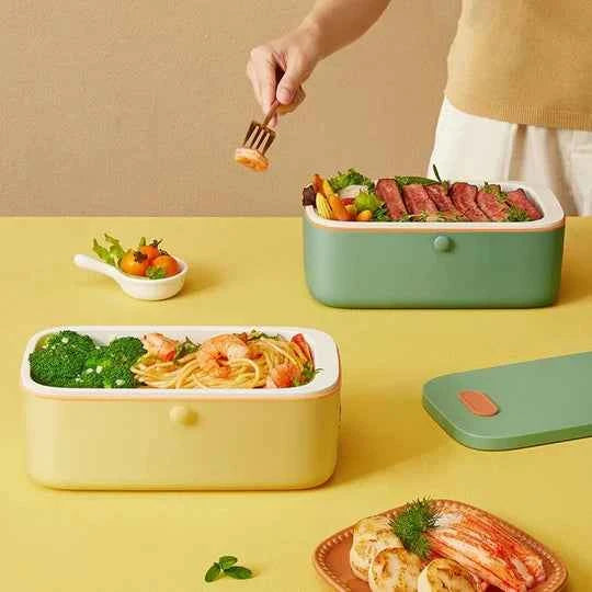 Stylish two-compartment food container set in pastel green and yellow, perfect for meal prep and serving.